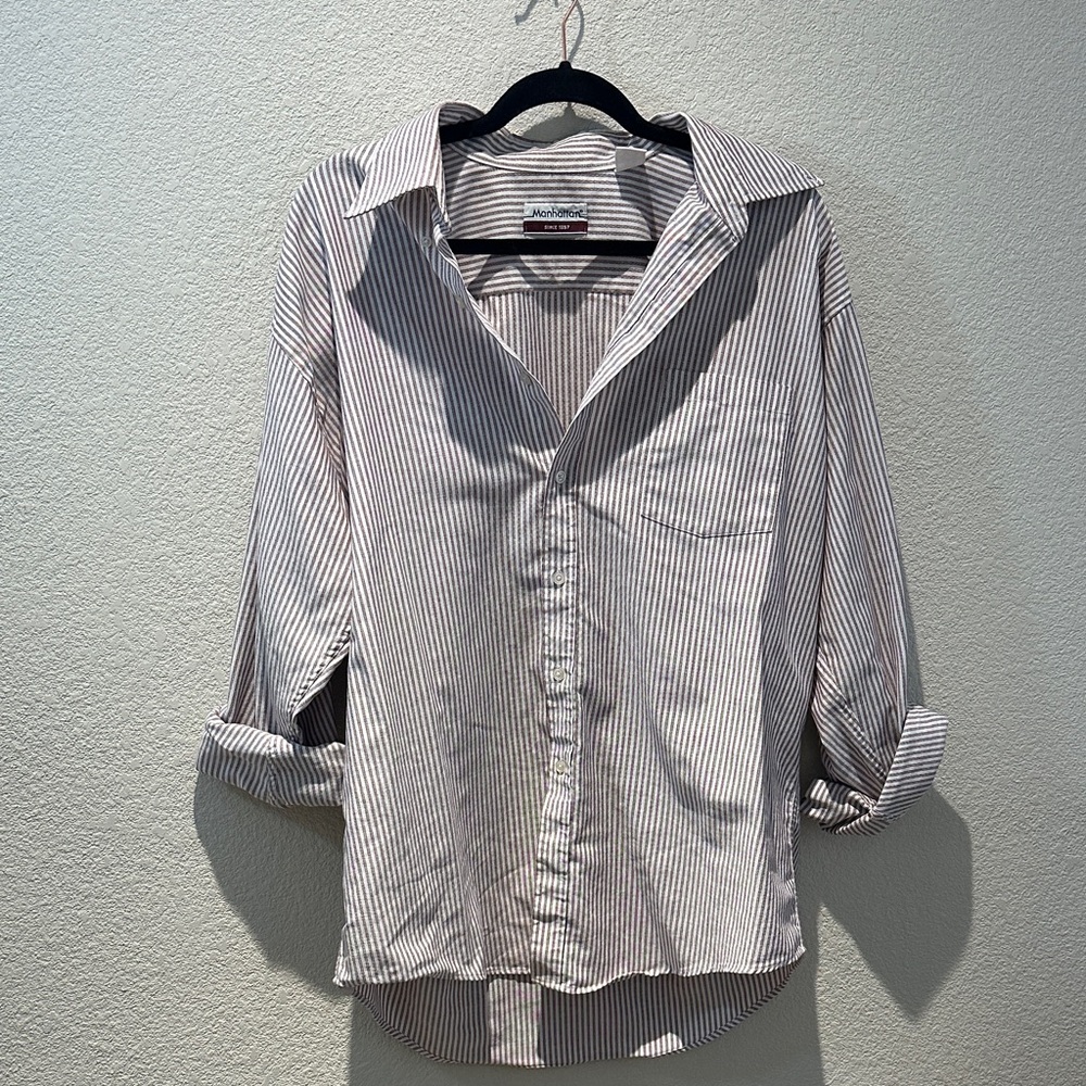 Manhattan Striped Button-Down Shirt - White & Maroon Size 34-35